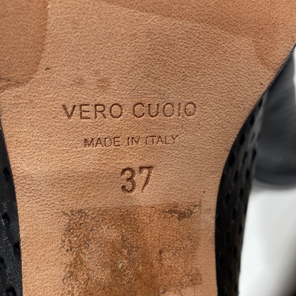 Beau Coops Italy Black Perforated Leather Block Heel Open Toe Bootie Size 37 EUC - Picture 10 of 16